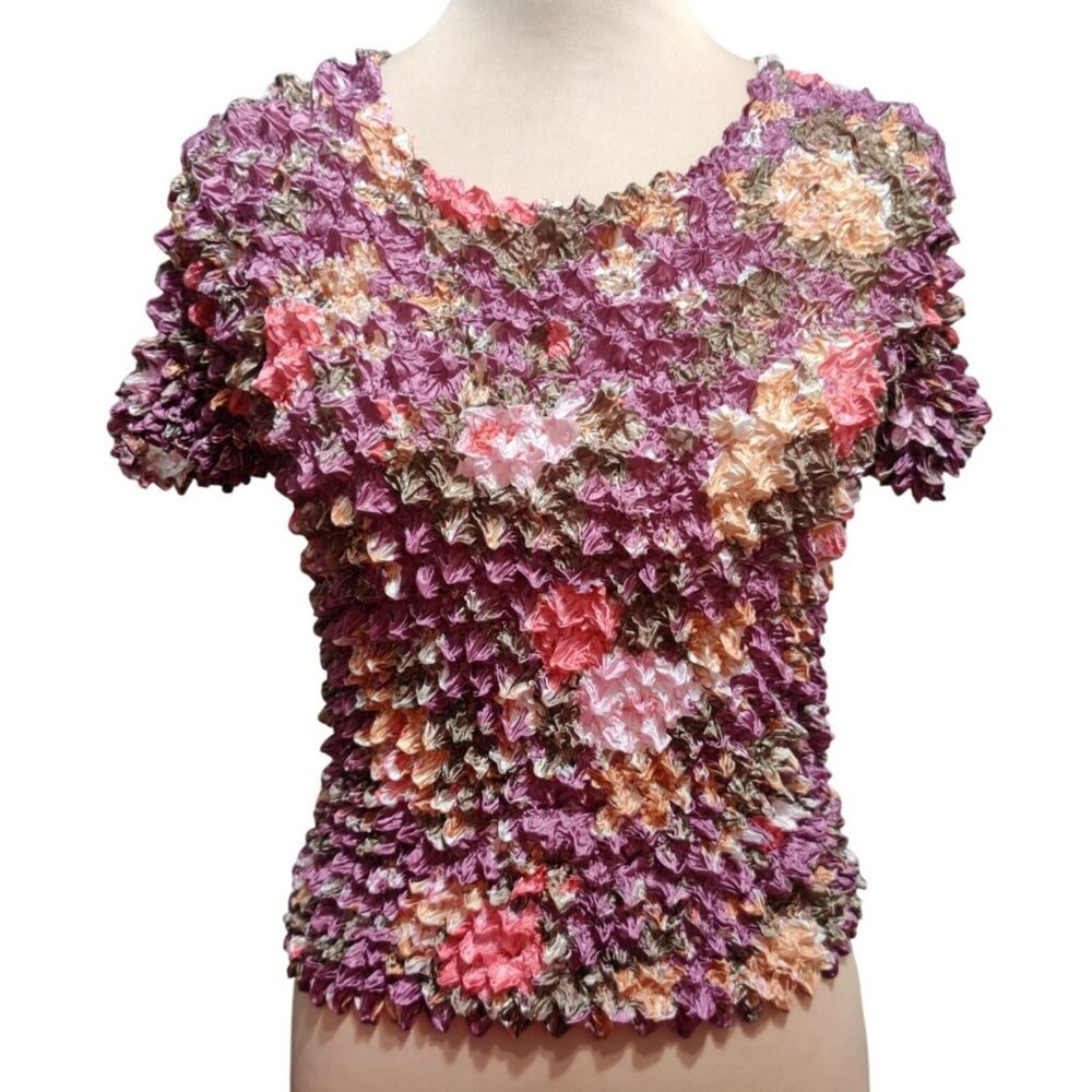 Radiance One Size Womens Top Purple Floral Popcorn Bubble Crinkle Vintage Chic